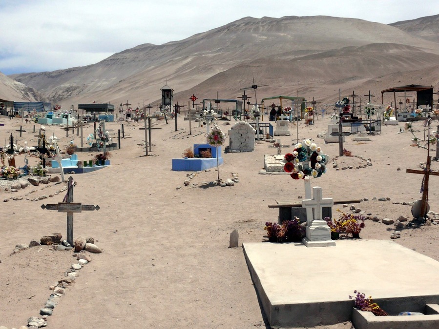 From the port city of #Arica traveling to the #Luca NP you pass the town on #Poconchille. Town makes it seem big. But it's not. What's cool about it is this not so little desert cemetery. Fun to walk along the graves. An unexpected sight.