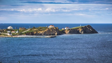 Un paysage côtier caractérisé par des falaises rocheuses, un phare et plusieurs maisons situées le long de la côte.