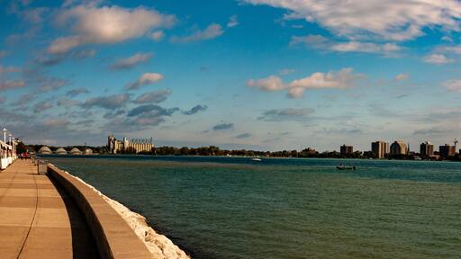 Port Huron Michigan in Panoramic format wide angle to show the industrial skyline. Nice autumn day