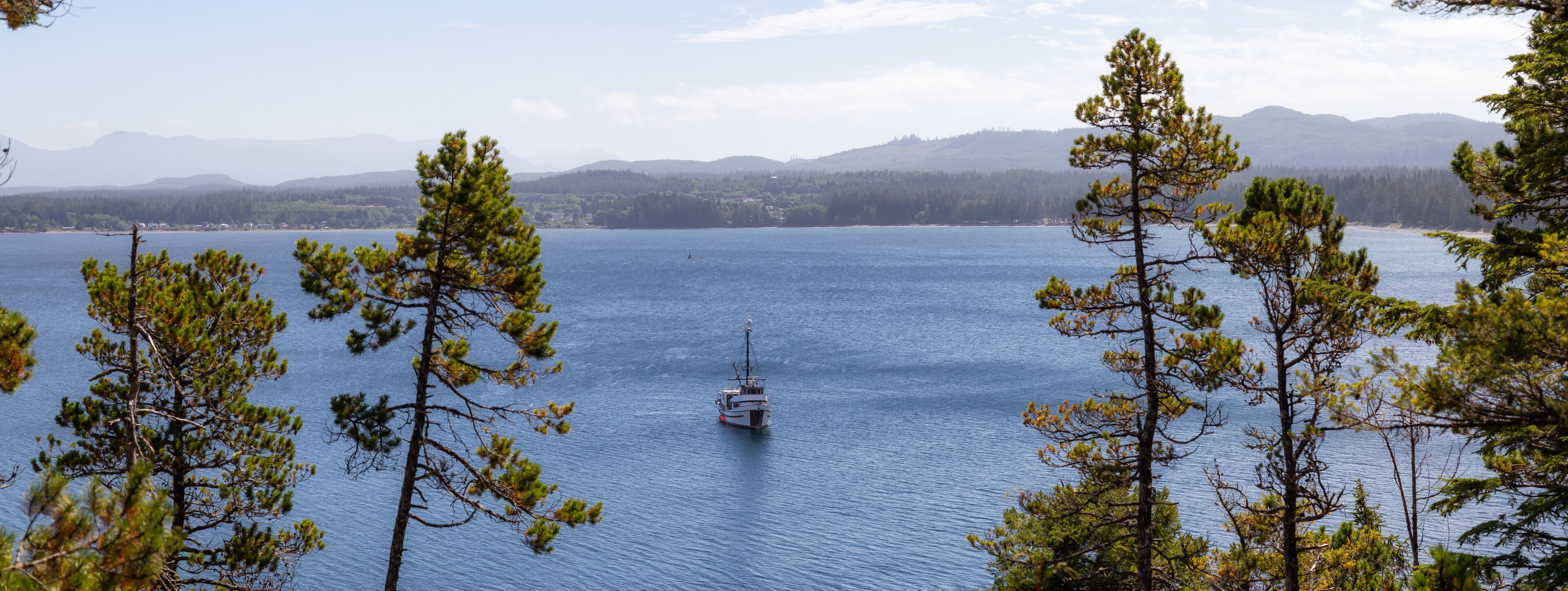 A calm lake with a small boat, surrounded by evergreen trees and distant mountains.