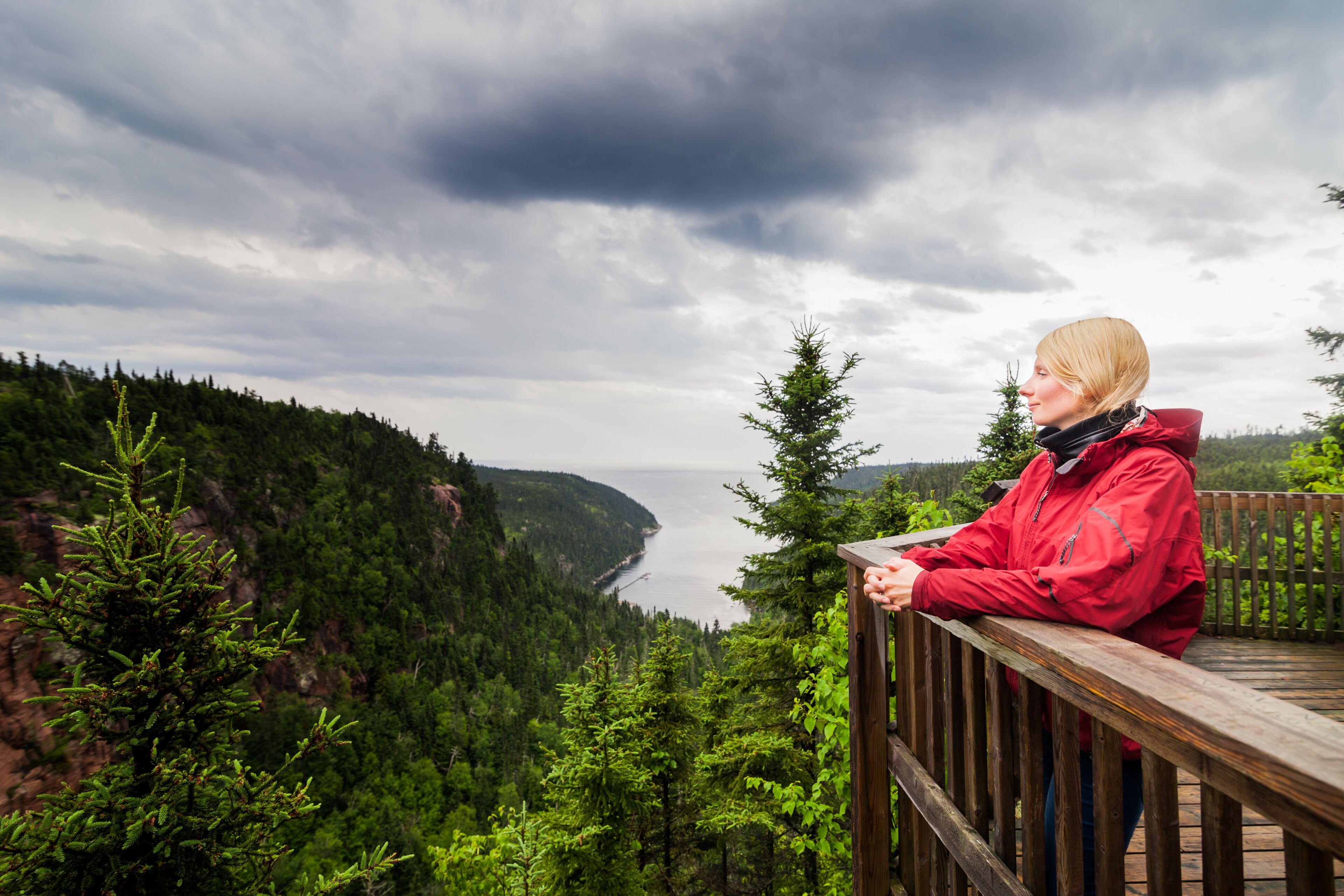 Young Woman Looking at the Amazing Nature from an Observation Tower