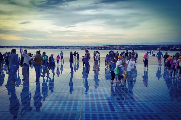 People gathering at the "Greetings to the Sun"