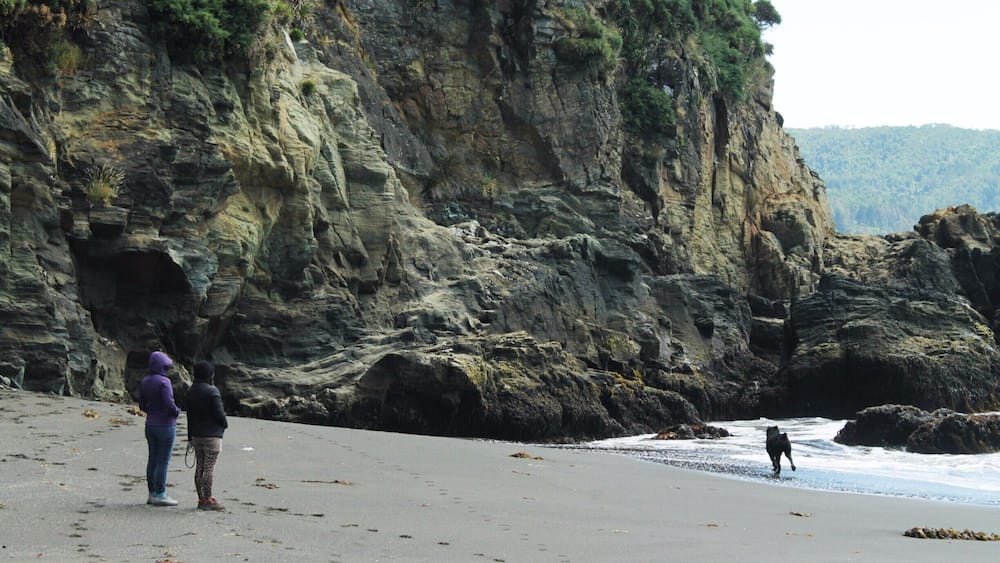 A rocky coastline with a cliff, beach, and ocean waves.