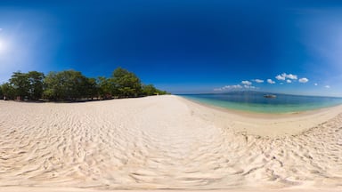 Island with a sandy beach and azure water surrounded by a coral reef and an atoll. Great Santa Cruz island. Zamboanga, Mindanao, Philippines.