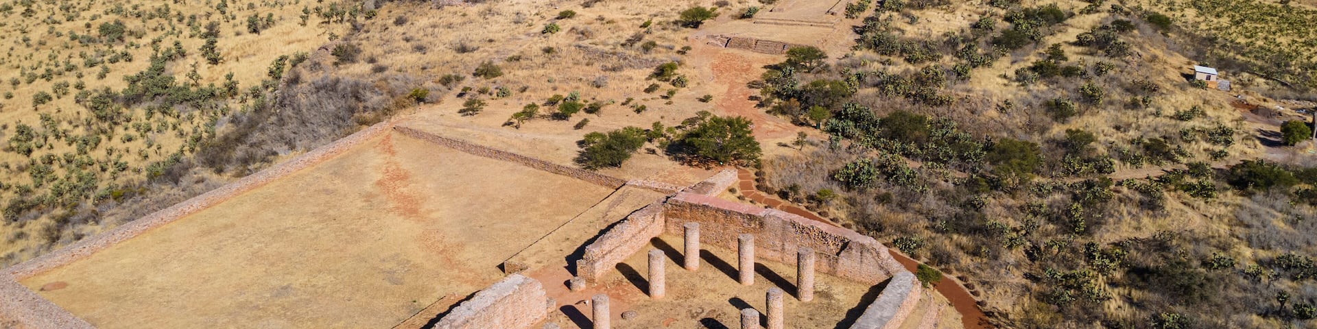 Aerial of the archaeological site of La Quemada (Chicomoztoc), Zacatecas, Mexico