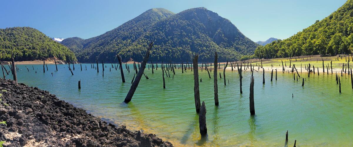 A lake with clear water, surrounded by mountains and trees.