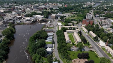 City aerial view of Watertown, NY living in small town USA with streets, buildings, business downtown in summertime in New York State close to Thousand Islands