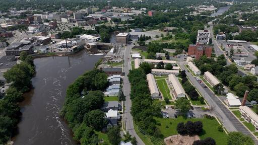 City aerial view of Watertown, NY living in small town USA with streets, buildings, business downtown in summertime in New York State close to Thousand Islands