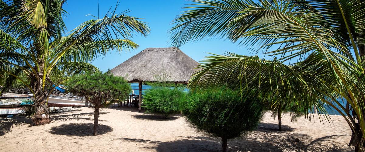 A beach with palm trees, a thatched hut, and boats in the background.