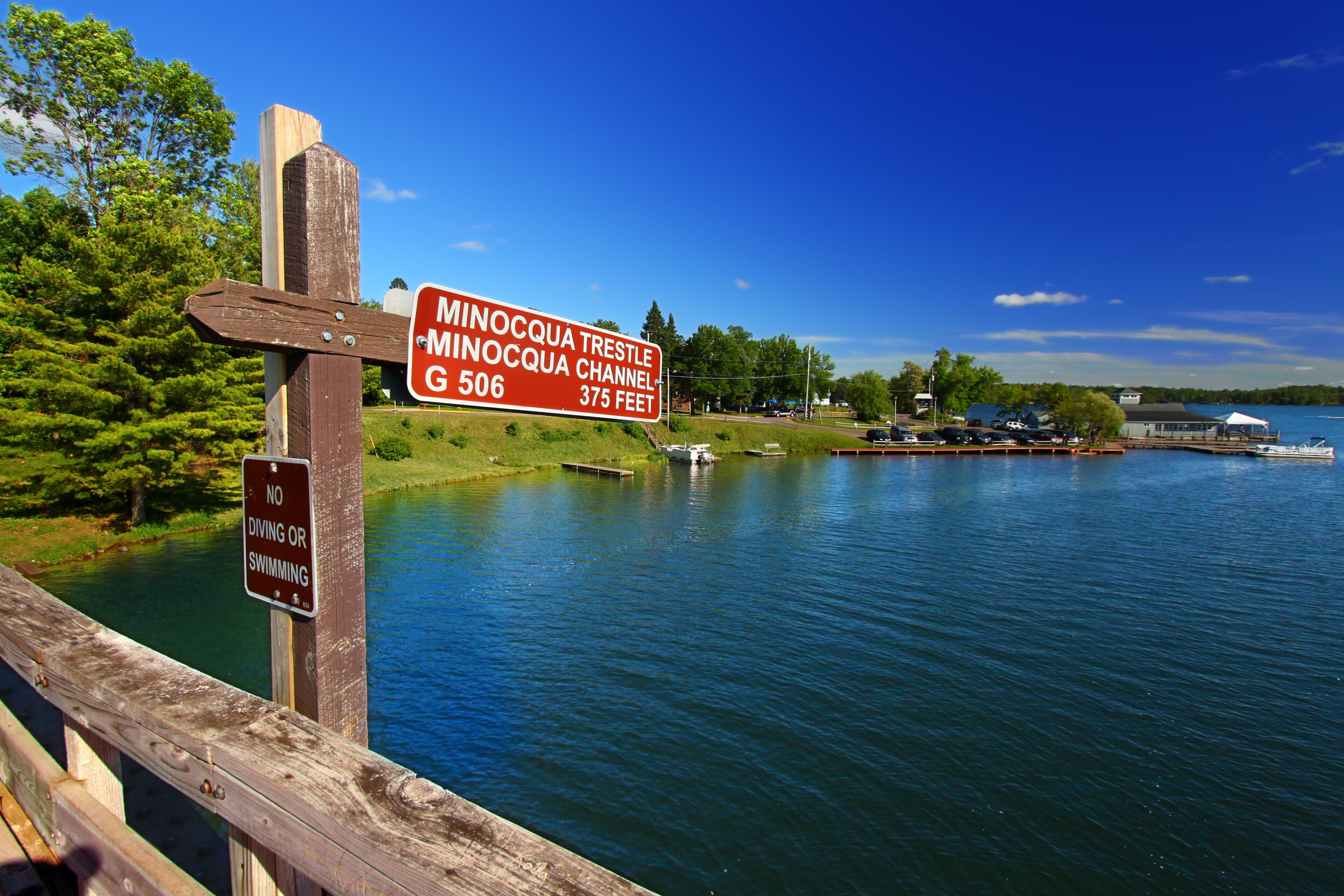 Rustic wooden trestle across the Bearskin State Trail in Minocqua Wisconsin