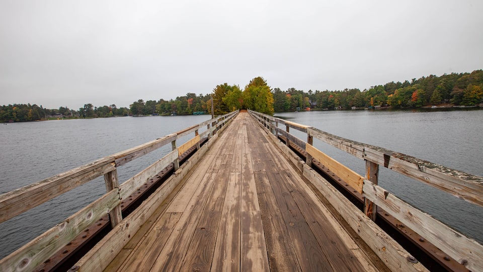 Bearskin Trailhead Bridge in Minocqua, Wisconsin over Lake Minocqua in September