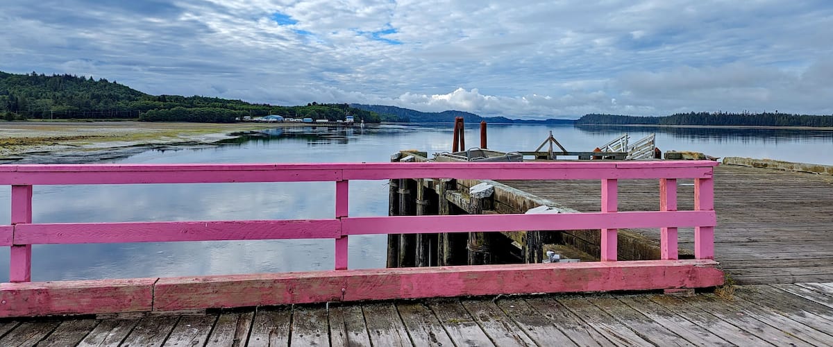 A wooden dock with a pink railing, a calm lake, and a forested hill in the background.