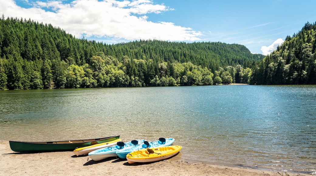 rawing boats on the sandy beach on a beautiful mountain lake