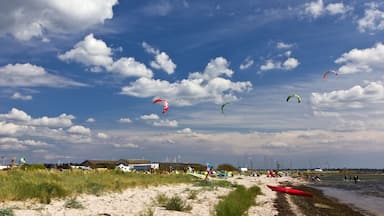 Una playa con gente, cometas y barcos.