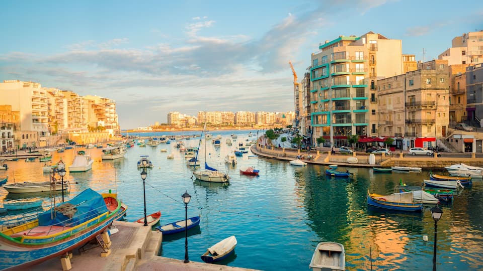 A harbor with numerous boats docked, a waterfront promenade, and multi-story buildings in the background.