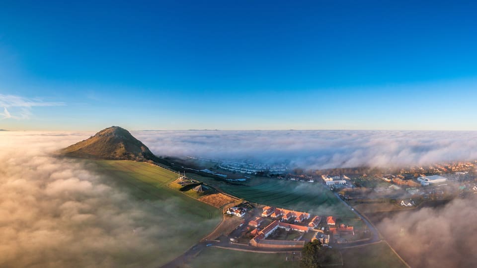 UK, Scotland, North Berwick, Drone panorama of North Berwick Law and surrounding fields