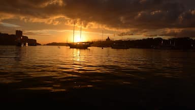 Un atardecer sobre un puerto con barcos y edificios silueteados contra el cielo.