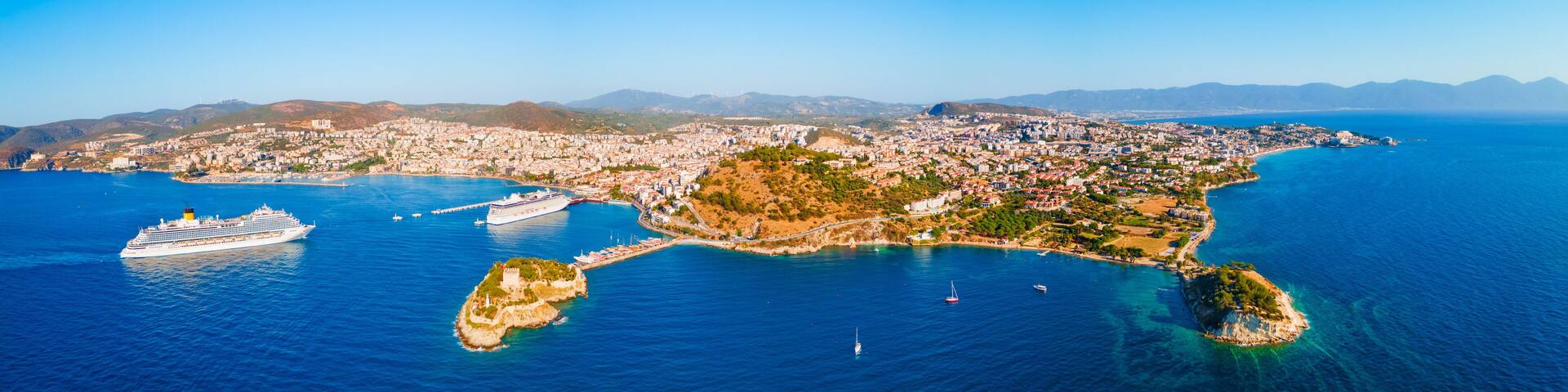 Kusadasi city aerial panoramic view in Aydin Province, Turkey