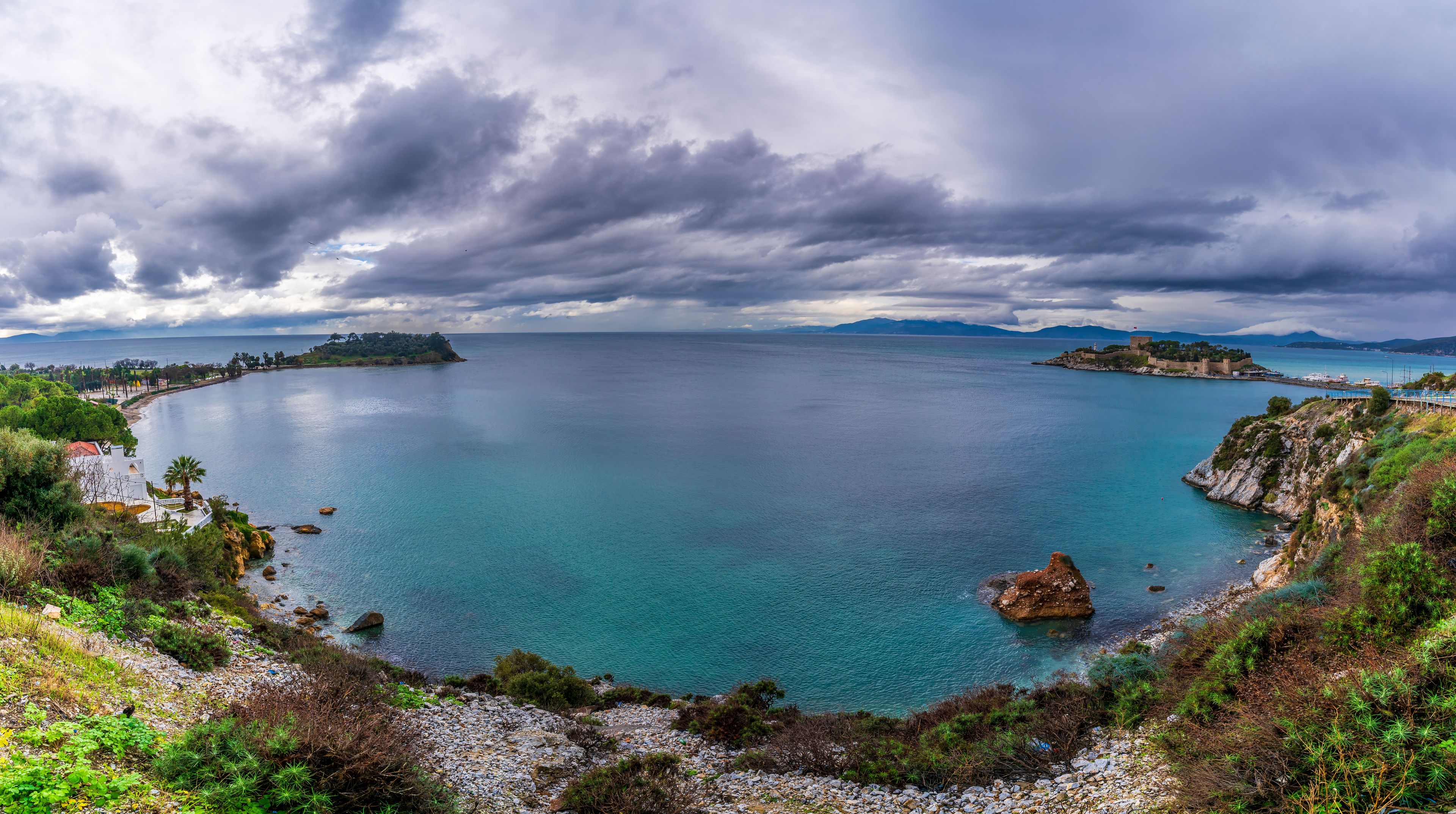 Kusadasi Coastline panoramic view in Kusadasi Town of Turkey