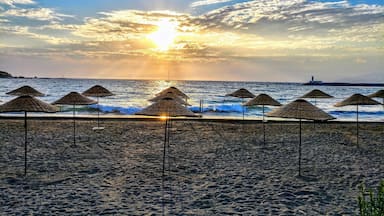 A beach with thatched umbrellas and waves at sunset.