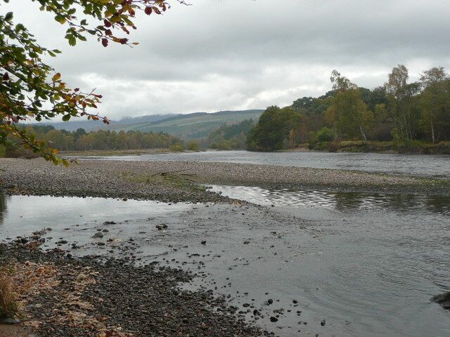 Gravel beds in River Tummel Opposite Ballinluig. Floods move the beds to new locations.