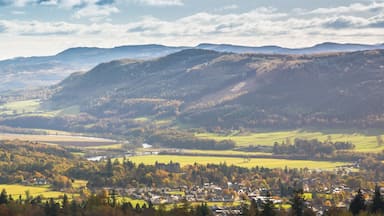 Tummel River meandering between hills near Pitlochry in Perthshire, Scotland on a sunny autumn day