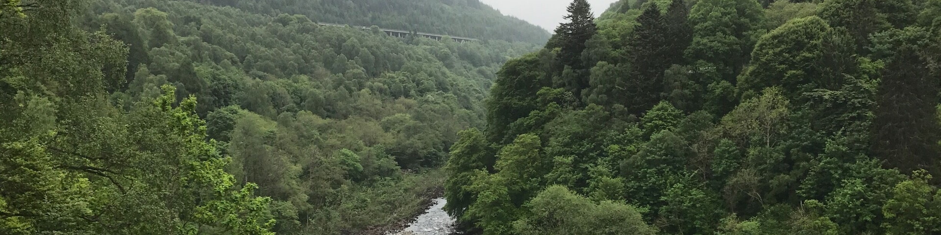 A river flowing through a densely forested valley with hills in the background.