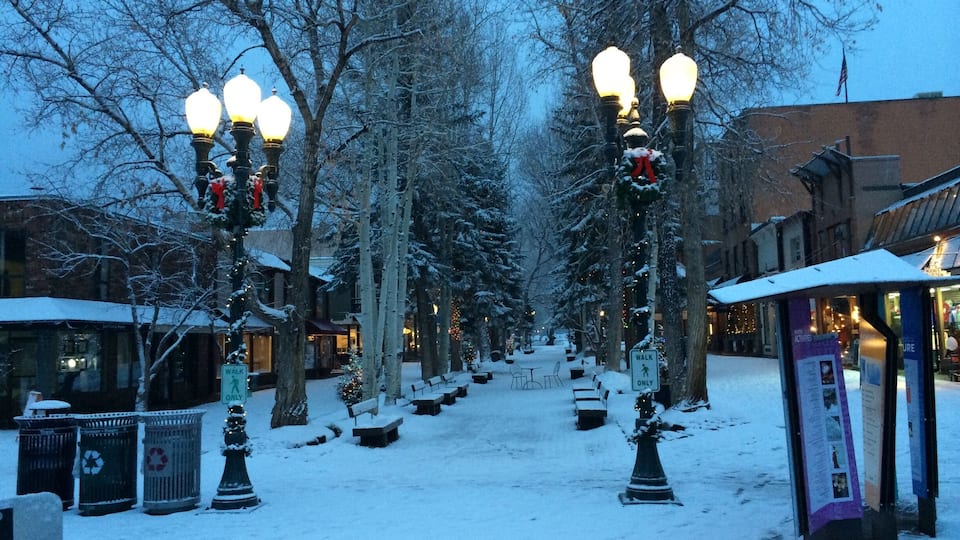 Une rue enneigée, avec des lampadaires et des bancs.