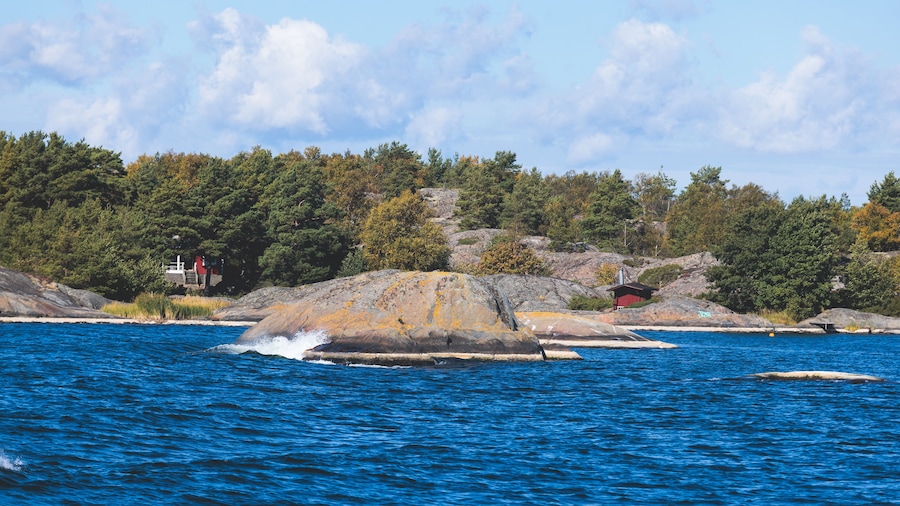 Archipelago National Park landscape, Southwest Finland, with islands, islets and skerries, Saaristomeren kansallispuisto, summer sunny day, view from shuttle ship ferry boat in the Archipelago Sea