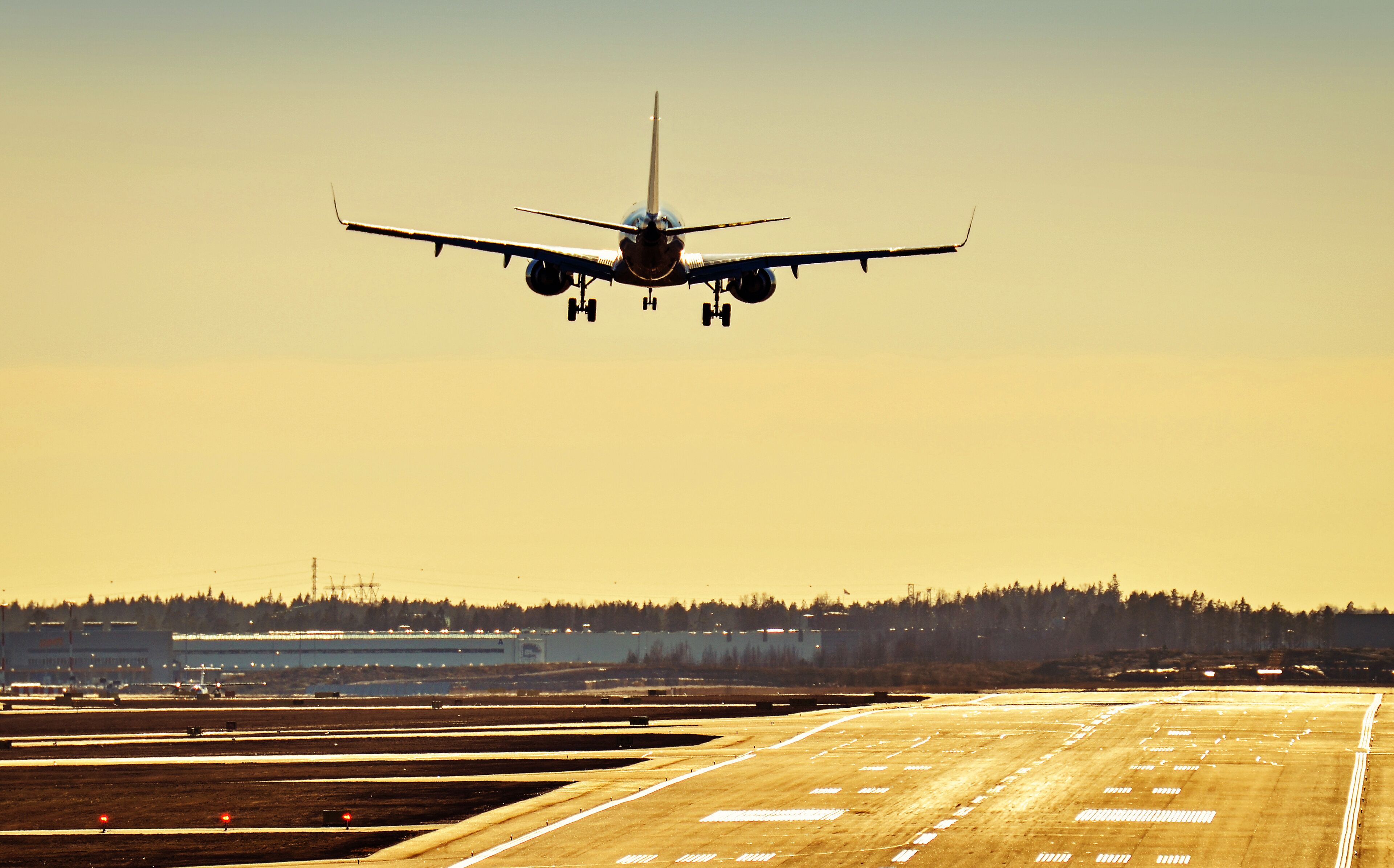 Airplane landing at the airport runway on sunny day