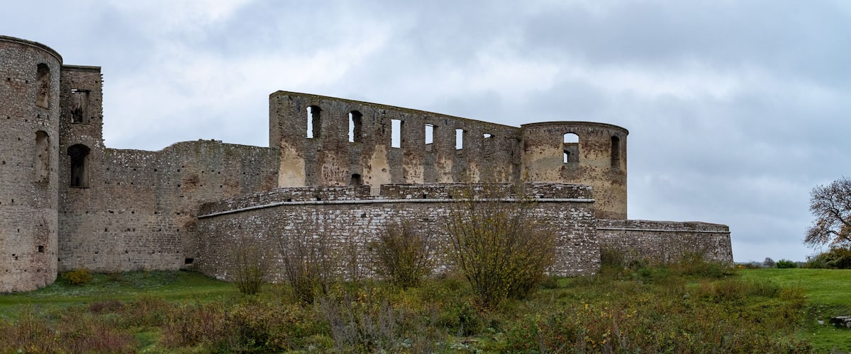 An ancient stone castle with multiple towers and battlements, surrounded by overgrown vegetation.