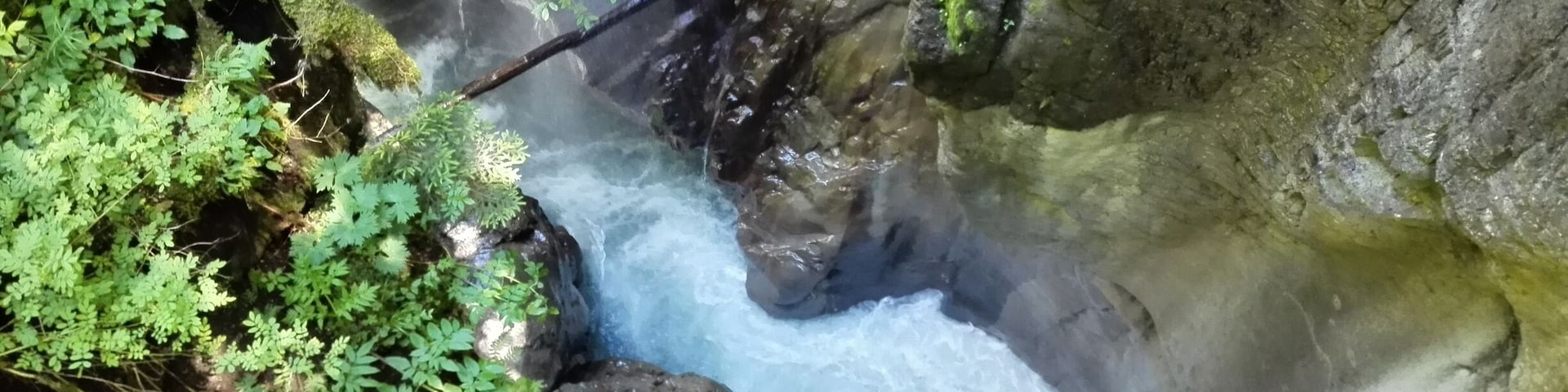 A waterfall cascading over rocks surrounded by lush greenery.