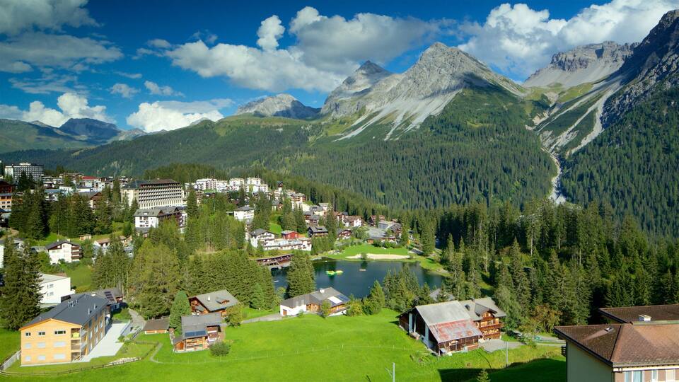 A mountainous landscape with a lake, forested areas, and a village with buildings.