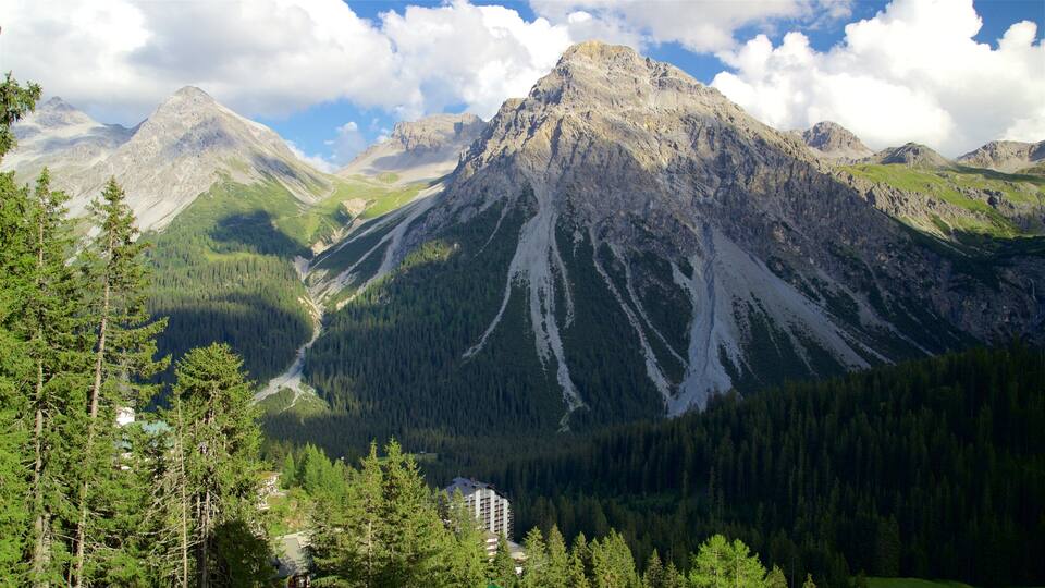 A mountain range with a prominent peak, dense forests, and a small building in the foreground.