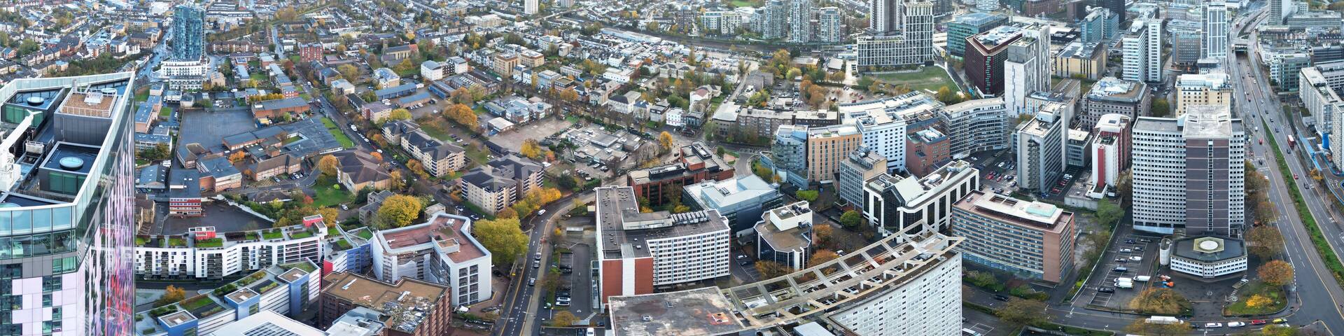 Aerial Ultra Wide Panoramic View of Central West Croydon London City of England United Kingdom. The Footage Was Captured with Drone's Camera on Mostly Cloudy Day of November 20th, 2023