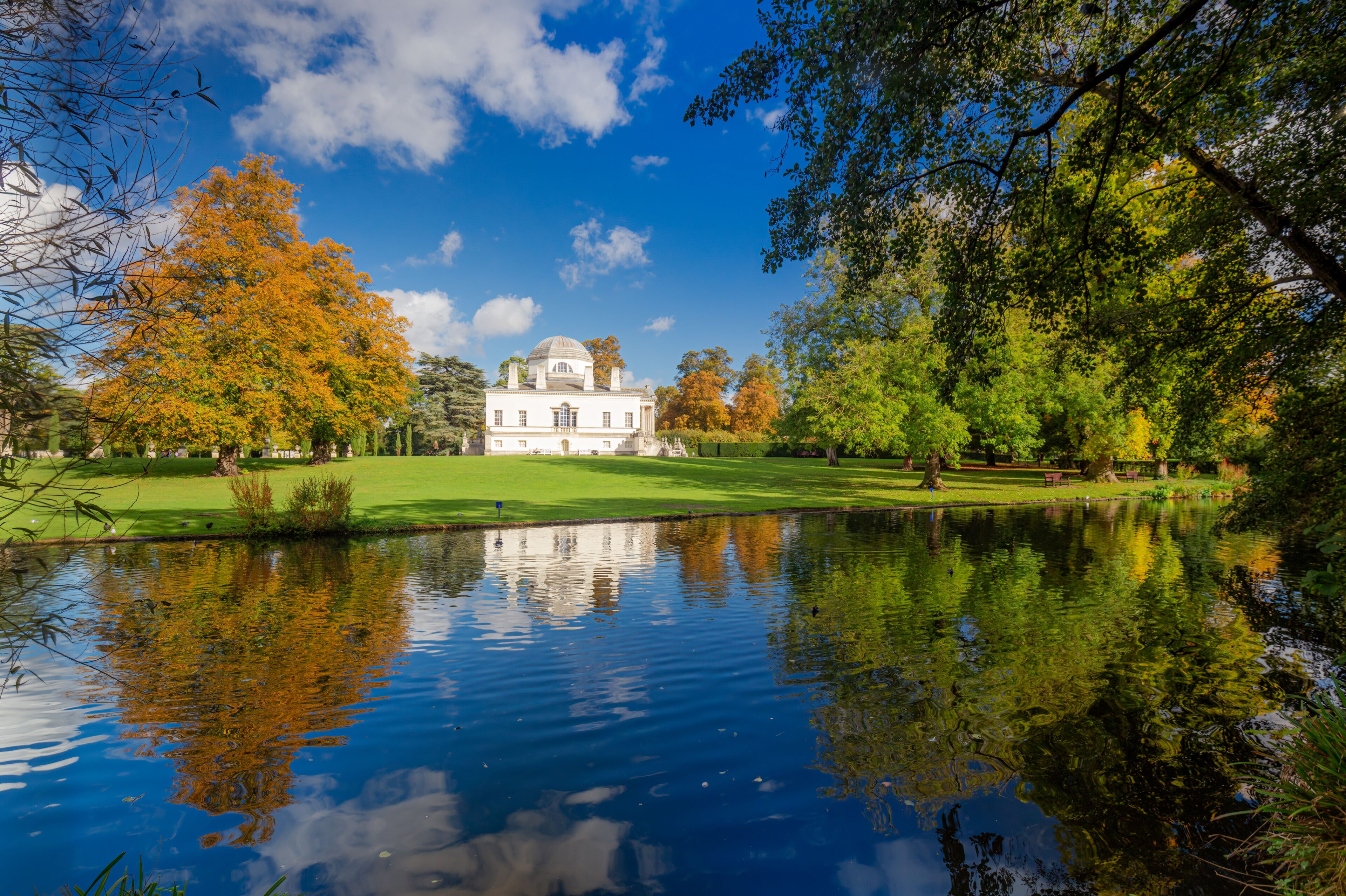 Chiswick House and gardens lake with swans - Chiswick, West London