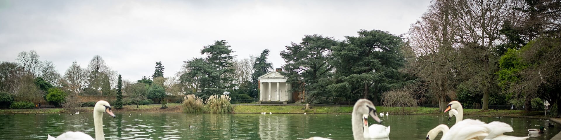 LONDON- Gunnersbury Park pond and gardens in Hounslow, west London, UK. A large park with museum and cafe