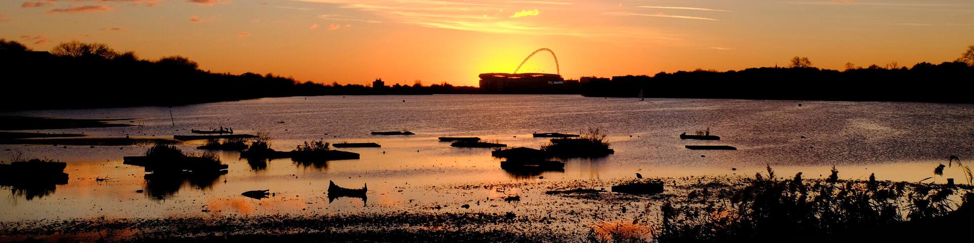 europe, UK, England, London, Wembley Stadium Welsh Harp sunset
