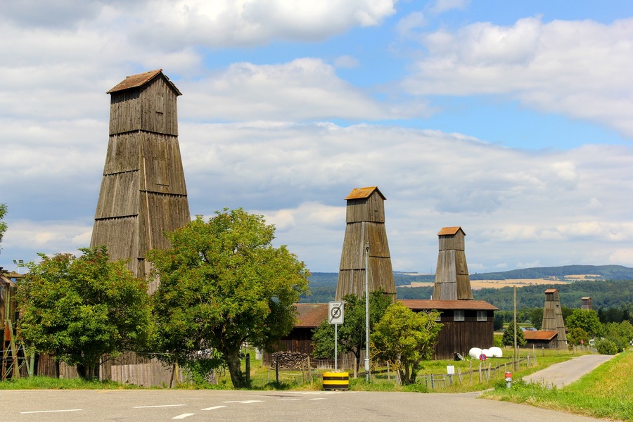 Vintage derricks in Bad Zurzach, which were used for salt drilling in 1910s. As a result, no salt was found, but hot spring. Bad Zurzach is the largest hot spring resort in Europe.