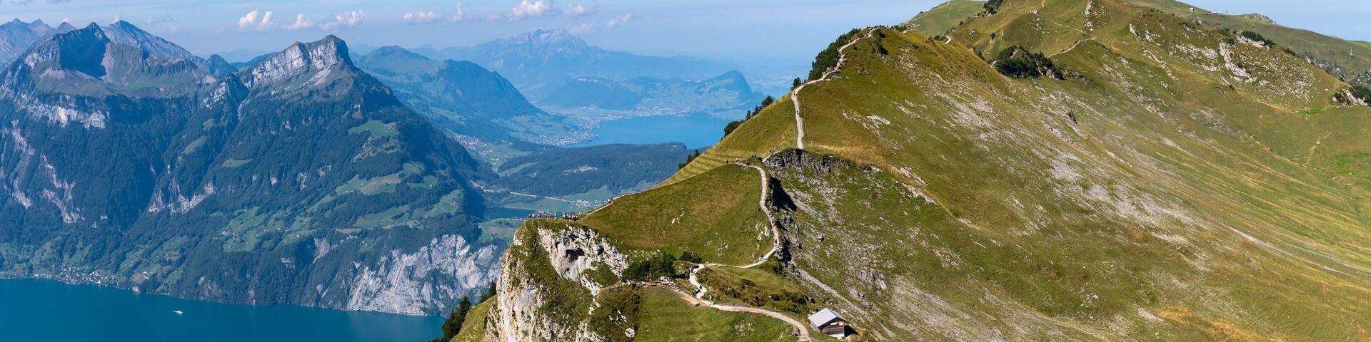 Gorgeous panoramic hiking trail in Stoos, from Mount Klingenstock to Mount Fronalpstock in the Swiss mountains. Mountain landscape. Influencer's paradise