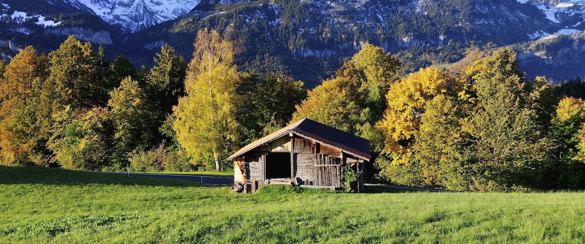 A wooden cabin in a field with snow-capped mountains in the background.