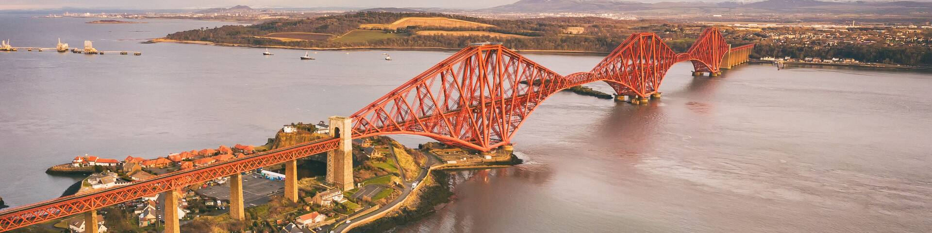 Aerial view of the iconic Forth Bridge near Edinburgh. Scotland, UK