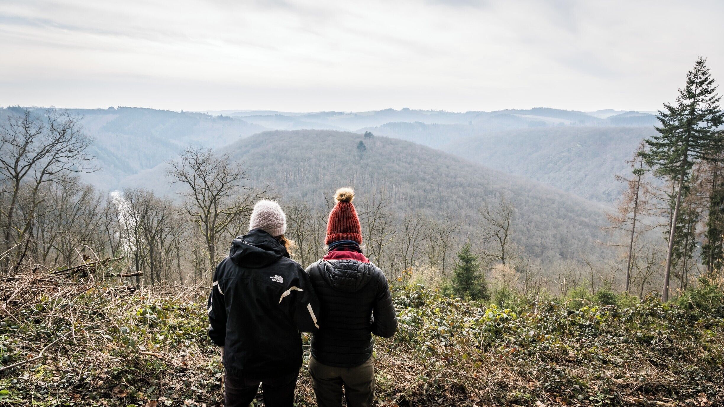 Two people standing on a hill overlooking a forested mountain range.