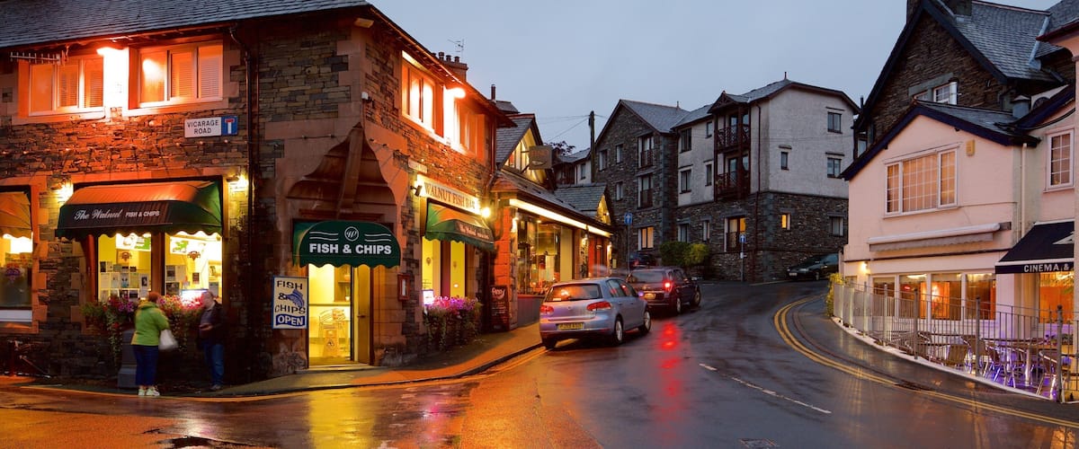 Ambleside showing night scenes, a small town or village and street scenes