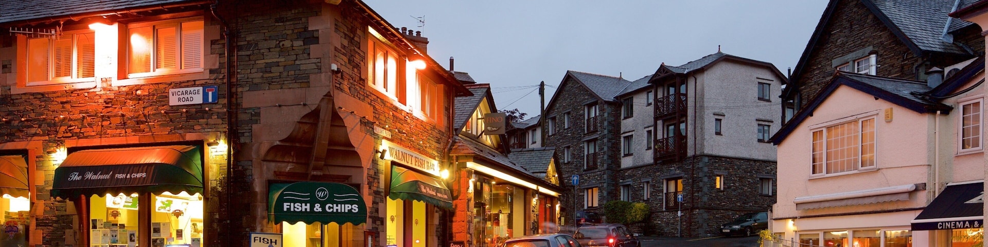 Ambleside showing night scenes, a small town or village and street scenes