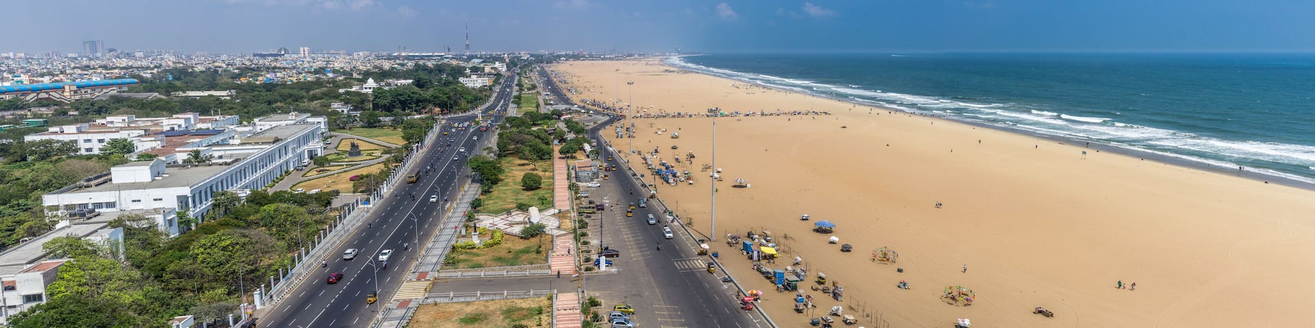 Panoramic view of Chennai, the Marina beach and Kamarajar Promenade
