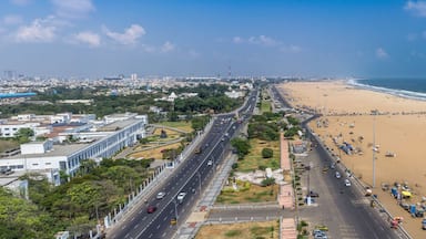 Una ciudad costera con una playa extensa, una calle concurrida y edificios urbanos.