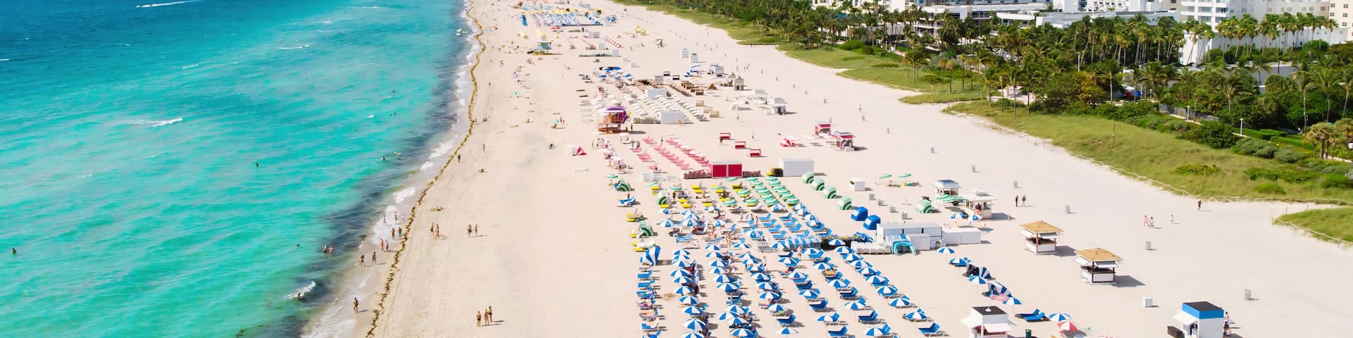 A beach with rows of umbrellas and beach chairs, a clear blue ocean, and a city skyline in the background.