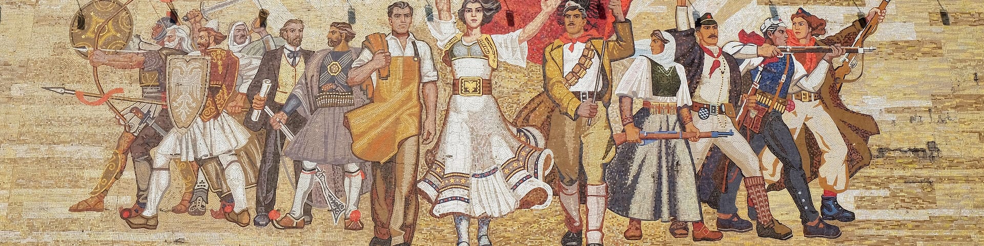 A mosaic of a historical battle scene with soldiers in traditional attire, a flag, and a shield.