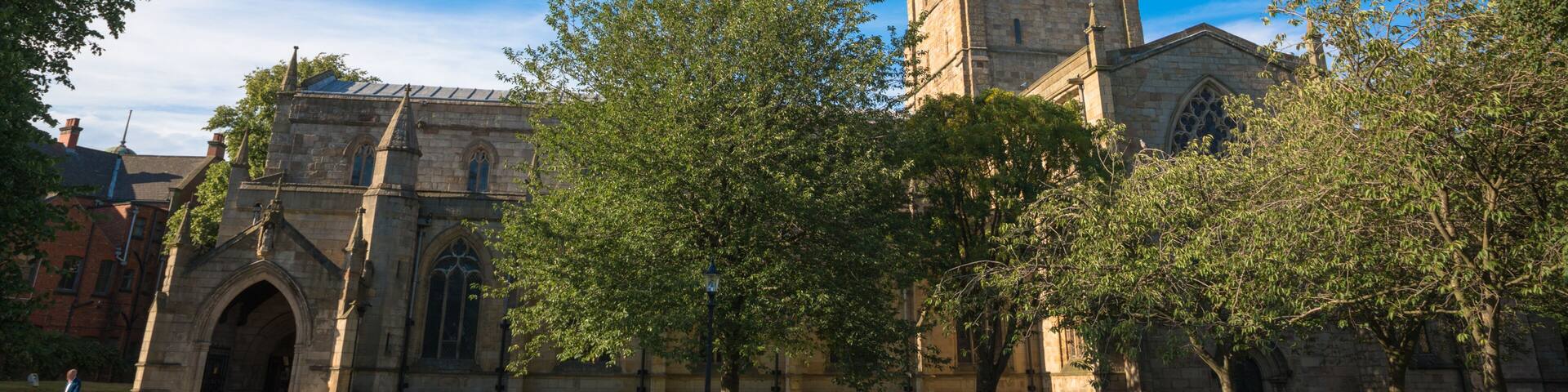 The twisted spire of the Church of St Mary and All Saints, Chesterfield, Derbyshire, UK